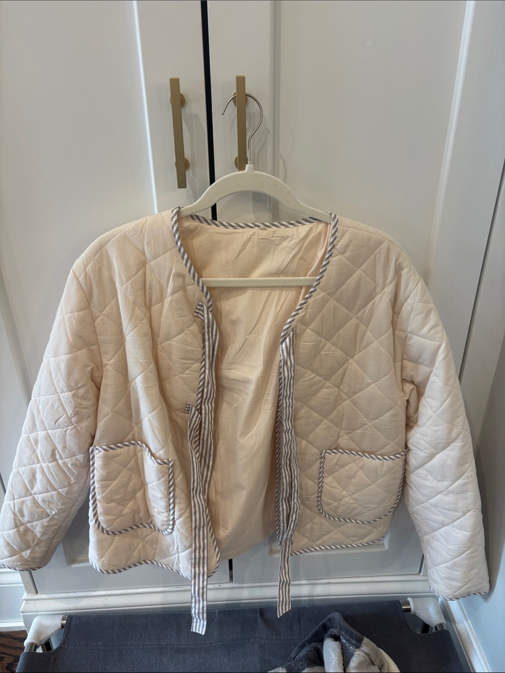 Quilted Cream Women's Jacket with Striped Trim